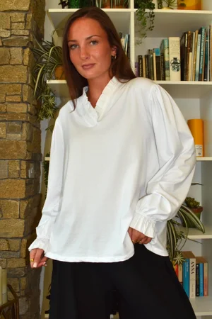 Body Stretch Cotton Ruffle Layer Shirt White